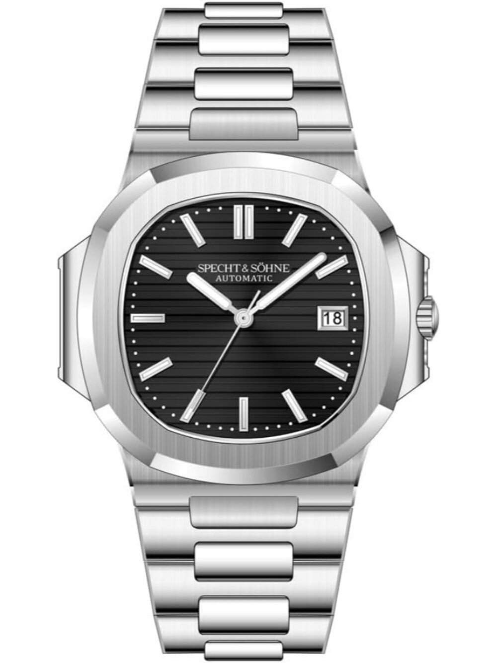 Men's Black Silver Automatic Mechanical Sapphire Crystal Waterproof Wrist Watch